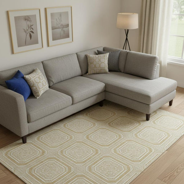 HomeRoots 9' X 12' Gold and Ivory Geometric Area Rug - Washable, Stain-Resistant, UV-Protected for Modern Homes 693791