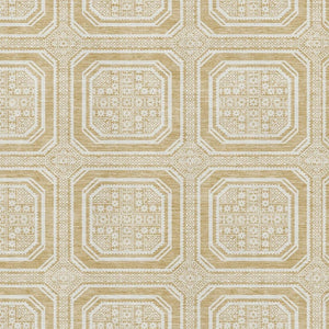 HomeRoots 9' X 12' Gold and Ivory Geometric Area Rug - Washable, Stain-Resistant, UV-Protected for Modern Homes 693791