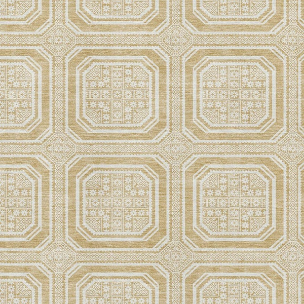 HomeRoots 9' X 12' Gold and Ivory Geometric Area Rug - Washable, Stain-Resistant, UV-Protected for Modern Homes 693791