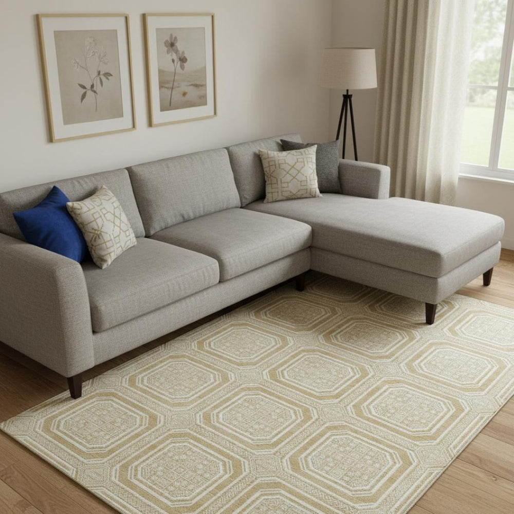 HomeRoots 10' Gold and Ivory Geometric Washable Area Rug – Stylish, Durable, UV-Protected for Any Space! 693792