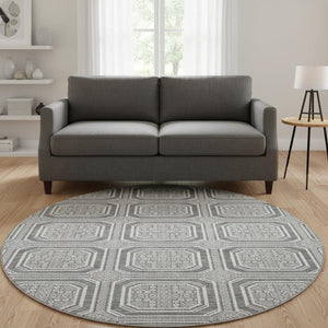 HomeRoots 8' X 8' Gray and Ivory Geometric Washable Round Rug - Durable, Stylish, and UV-Resistant for Homes 693795