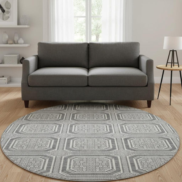 HomeRoots 8' X 8' Gray and Ivory Geometric Washable Round Rug - Durable, Stylish, and UV-Resistant for Homes 693795