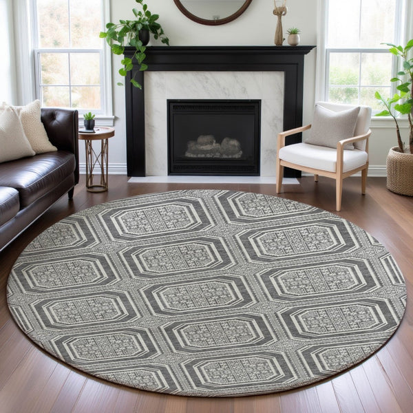 HomeRoots 8' X 8' Gray and Ivory Geometric Washable Round Rug - Durable, Stylish, and UV-Resistant for Homes 693795