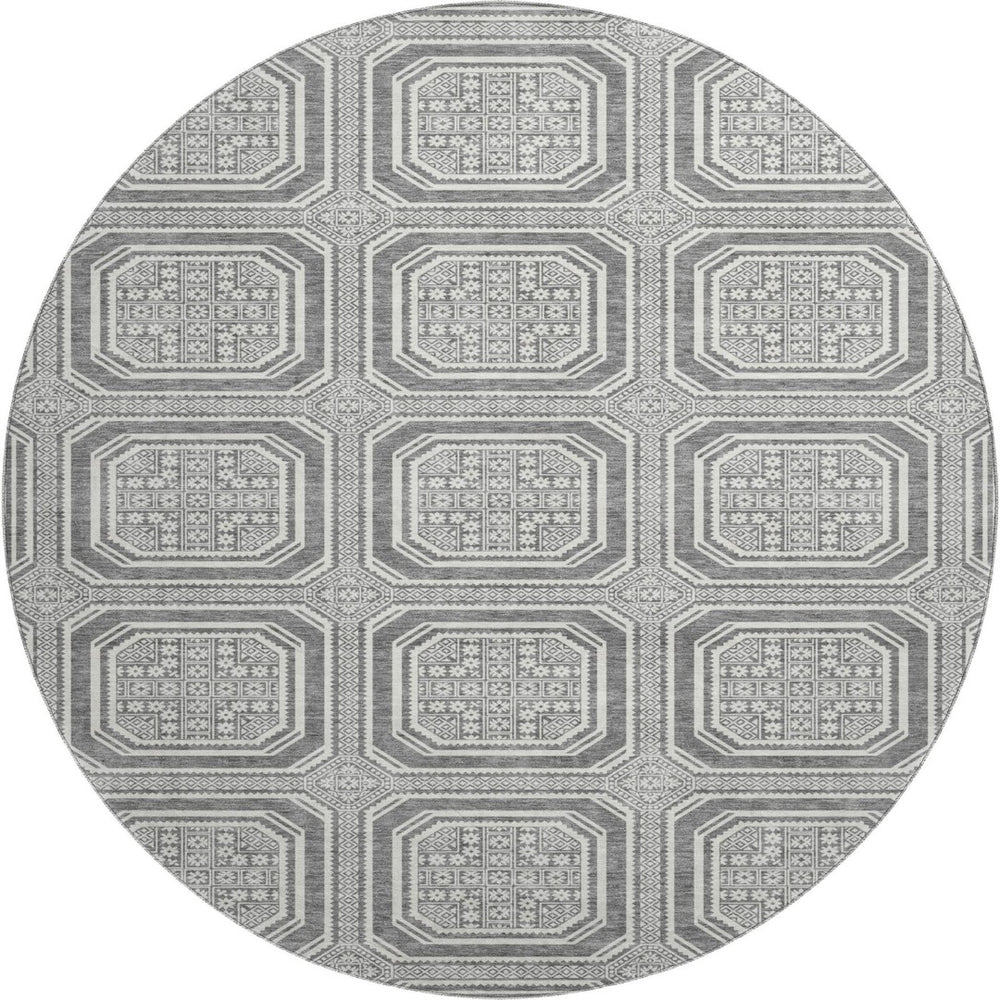 HomeRoots 8' X 8' Gray and Ivory Geometric Washable Round Rug - Durable, Stylish, and UV-Resistant for Homes 693795
