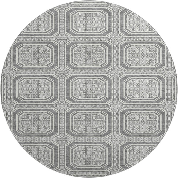 HomeRoots 8' X 8' Gray and Ivory Geometric Washable Round Rug - Durable, Stylish, and UV-Resistant for Homes 693795