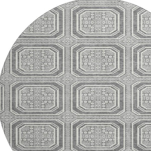 HomeRoots 8' X 8' Gray and Ivory Geometric Washable Round Rug - Durable, Stylish, and UV-Resistant for Homes 693795