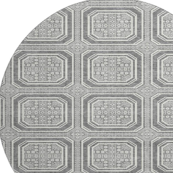 HomeRoots 8' X 8' Gray and Ivory Geometric Washable Round Rug - Durable, Stylish, and UV-Resistant for Homes 693795
