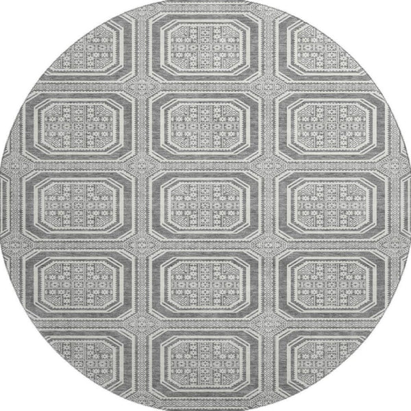 HomeRoots 8' X 8' Gray and Ivory Geometric Washable Round Rug - Durable, Stylish, and UV-Resistant for Homes 693795