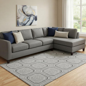 HomeRoots 8' Gray and Ivory Geometric Area Rug - Washable, UV-Protected, Non-Slip for High-Traffic Spaces 693796