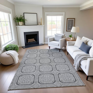 HomeRoots 8' Gray and Ivory Geometric Area Rug - Washable, UV-Protected, Non-Slip for High-Traffic Spaces 693796