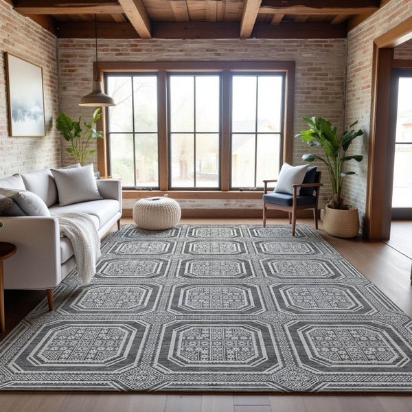 HomeRoots 8' Gray and Ivory Geometric Area Rug - Washable, UV-Protected, Non-Slip for High-Traffic Spaces 693796