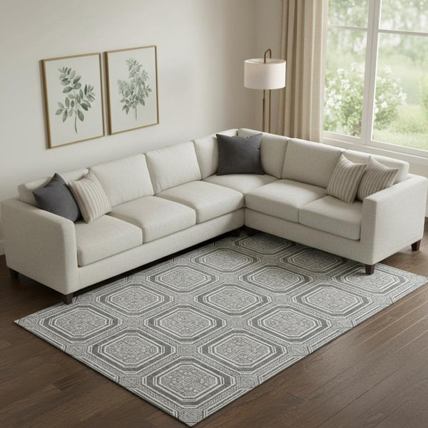 HomeRoots 9' X 12' Modern Gray and Ivory Geometric Area Rug - Washable, UV Protected, Non-Slip for High Traffic 693797