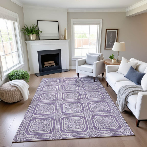 HomeRoots 5' X 8' Modern Lavender & Ivory Geometric Area Rug - Washable, UV-Protected, Pet-Friendly Design 693800