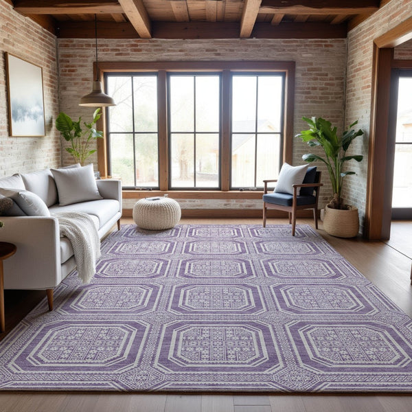 HomeRoots 5' X 8' Modern Lavender & Ivory Geometric Area Rug - Washable, UV-Protected, Pet-Friendly Design 693800