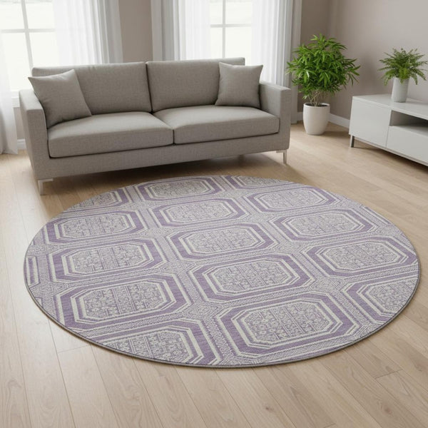 HomeRoots 8' X 8' Stylish Lavender & Ivory Geometric Round Rug - Washable, UV Protected for High-Traffic Areas 693801