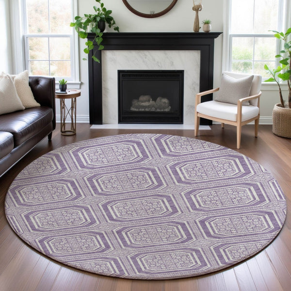 HomeRoots 8' X 8' Stylish Lavender & Ivory Geometric Round Rug - Washable, UV Protected for High-Traffic Areas 693801