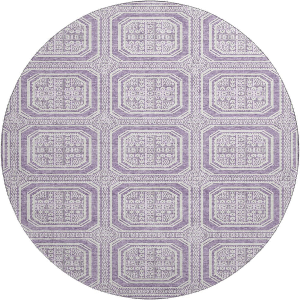 HomeRoots 8' X 8' Stylish Lavender & Ivory Geometric Round Rug - Washable, UV Protected for High-Traffic Areas 693801