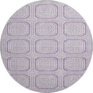 HomeRoots 8' X 8' Stylish Lavender & Ivory Geometric Round Rug - Washable, UV Protected for High-Traffic Areas 693801