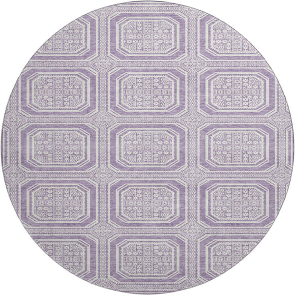 HomeRoots 8' X 8' Stylish Lavender & Ivory Geometric Round Rug - Washable, UV Protected for High-Traffic Areas 693801