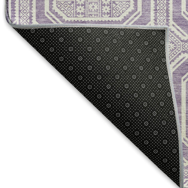 HomeRoots 8' X 8' Stylish Lavender & Ivory Geometric Round Rug - Washable, UV Protected for High-Traffic Areas 693801