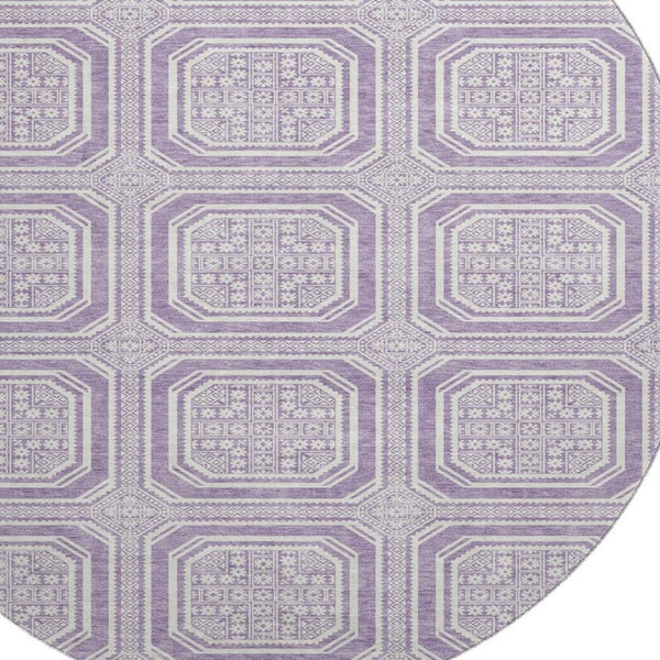 HomeRoots 8' X 8' Stylish Lavender & Ivory Geometric Round Rug - Washable, UV Protected for High-Traffic Areas 693801
