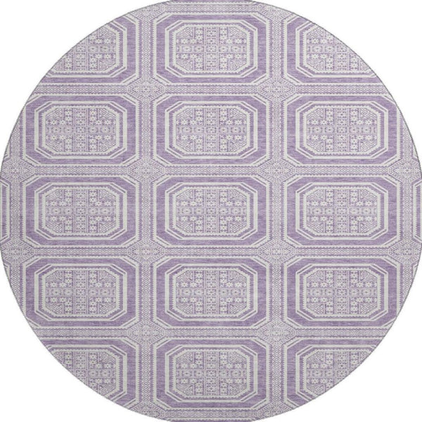 HomeRoots 8' X 8' Stylish Lavender & Ivory Geometric Round Rug - Washable, UV Protected for High-Traffic Areas 693801