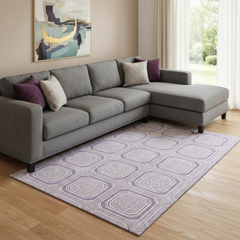 HomeRoots 8' Lavender Geometric Area Rug – Washable, Stain-Resistant, UV Protected for Modern Homes & Families 693802