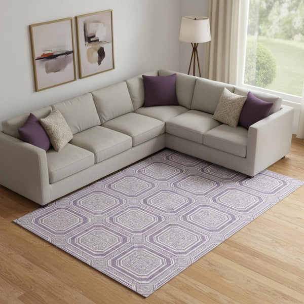 HomeRoots 10' X 14' Lavender Geometric Area Rug - Washable, UV-Protected, Durable for High-Traffic Homes 693804