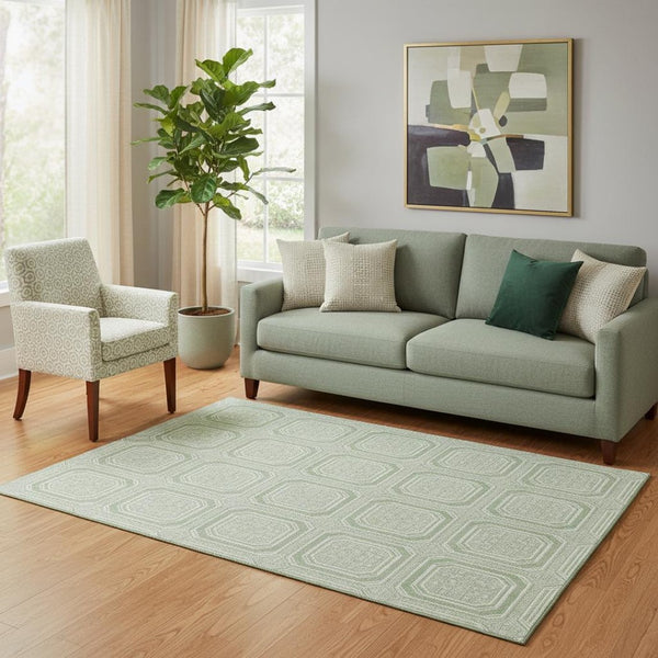HomeRoots 5' X 8' Washable Mint Green & Ivory Geometric Area Rug with UV Protection - Stylish & Durable! 693806