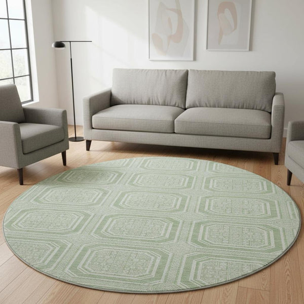 HomeRoots 8' X 8' Stylish Mint Green & Ivory Geometric Washable Round Rug with UV Protection for Any Space 693807