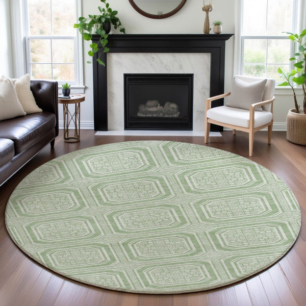 HomeRoots 8' X 8' Stylish Mint Green & Ivory Geometric Washable Round Rug with UV Protection for Any Space 693807