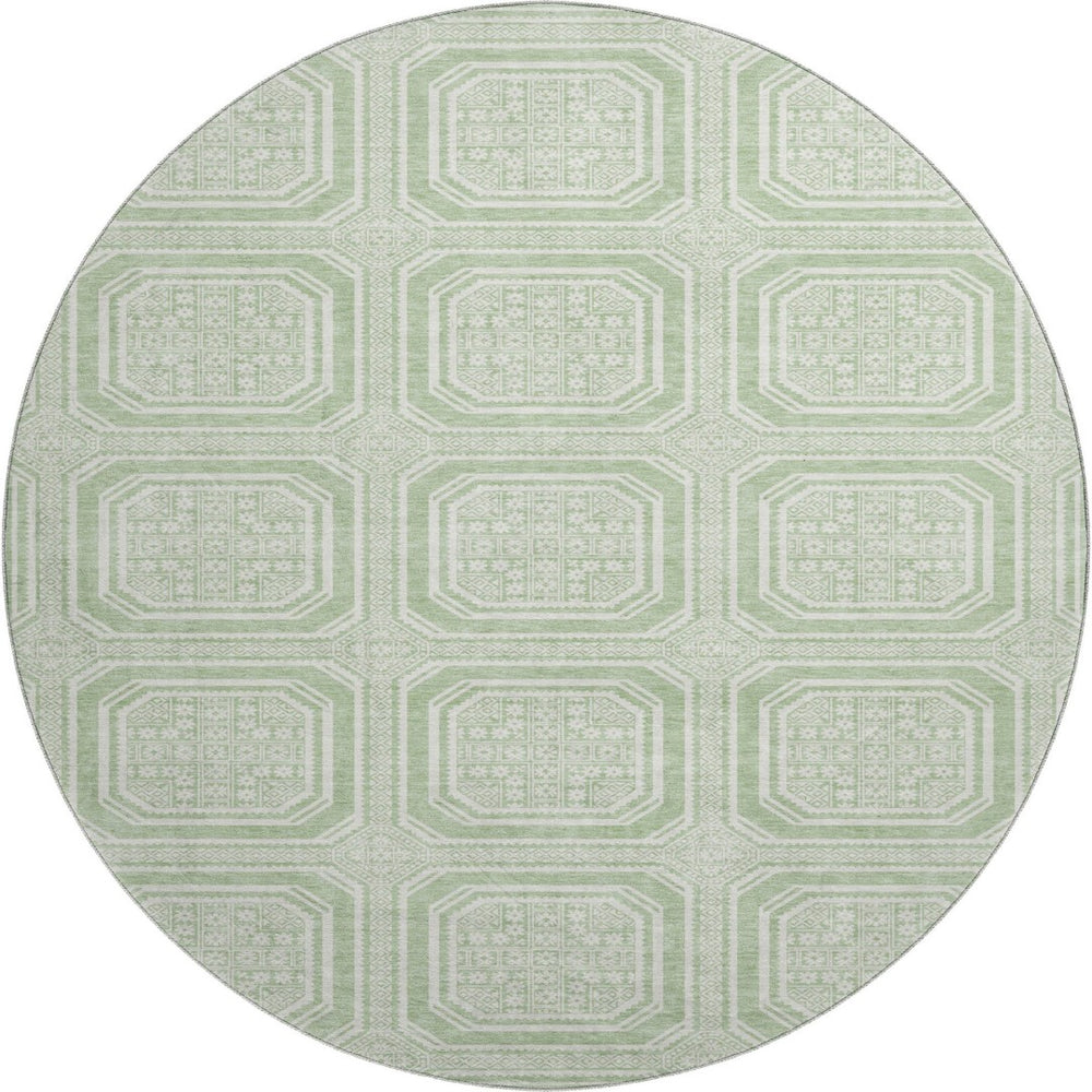 HomeRoots 8' X 8' Stylish Mint Green & Ivory Geometric Washable Round Rug with UV Protection for Any Space 693807