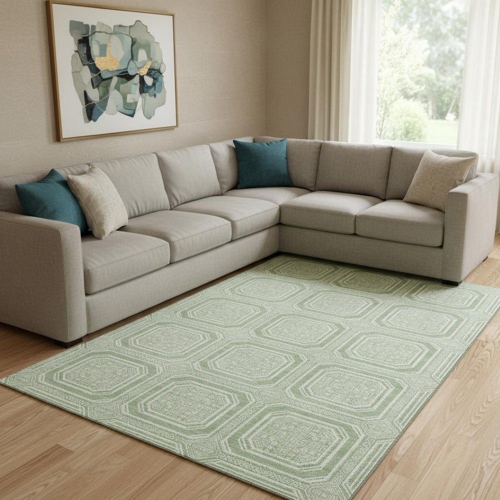 HomeRoots 8' Mint Green Geometric Washable Area Rug with UV Protection - Durable, Stylish, Pet-Friendly Design 693808