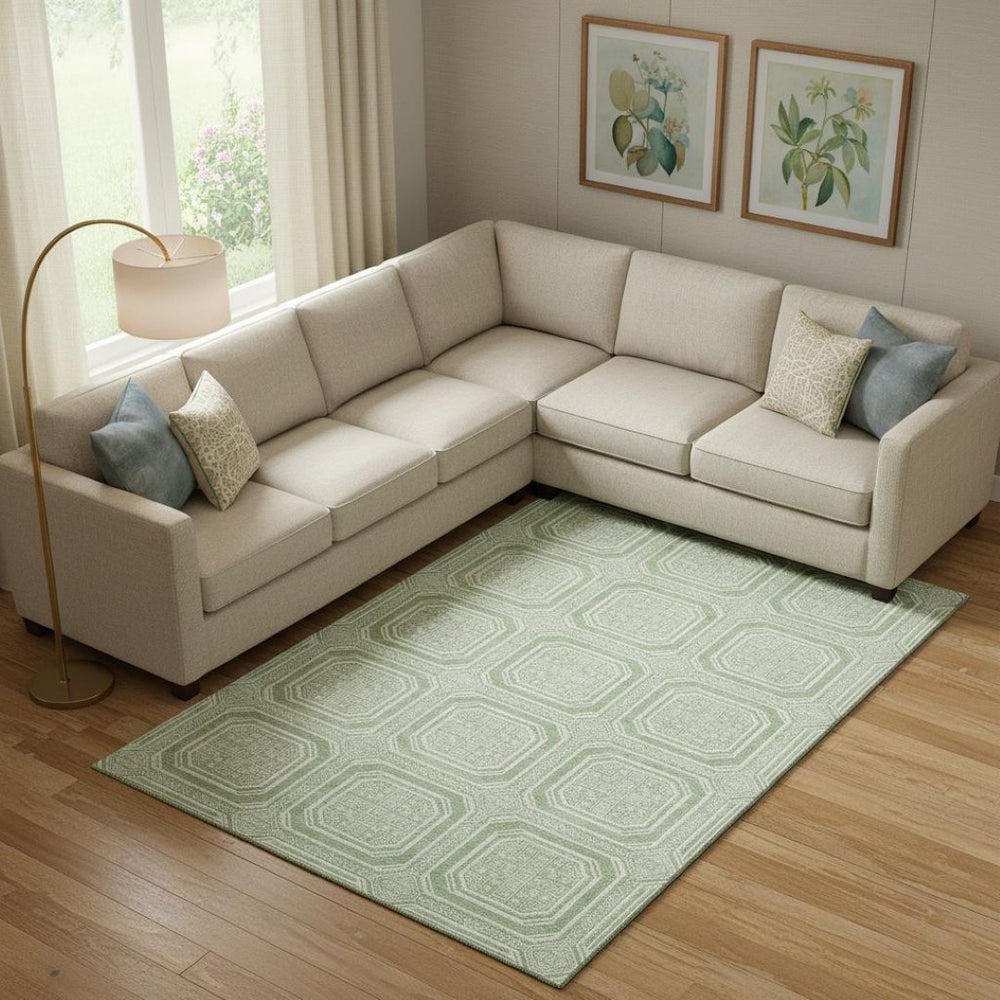 HomeRoots 9' X 12' Mint Green and Ivory Geometric Rug - Stylish, Washable, UV-Protected for Modern Homes 693809