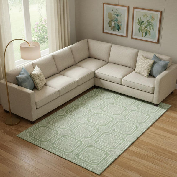 HomeRoots 9' X 12' Mint Green and Ivory Geometric Rug - Stylish, Washable, UV-Protected for Modern Homes 693809
