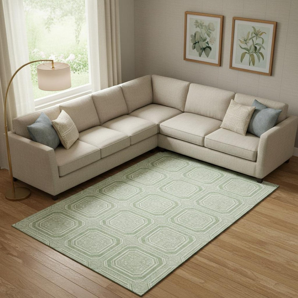 HomeRoots 10' X 14' Mint Green & Ivory Geometric Washable Area Rug – Durable, Stylish, UV Protected & Non-Slip! 693810