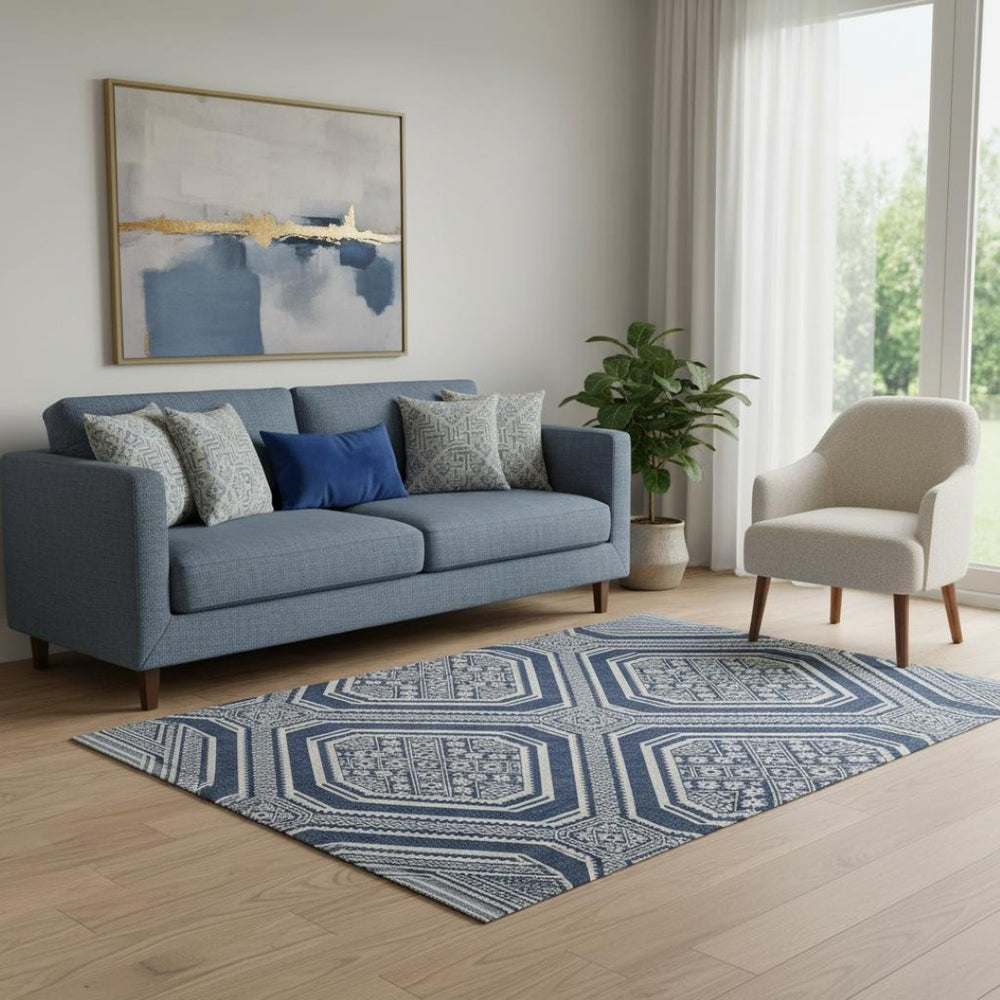 HomeRoots 5' X 8' Navy Blue Geometric Area Rug - Washable, UV Protected, Durable & Family-Friendly Comfort 693812