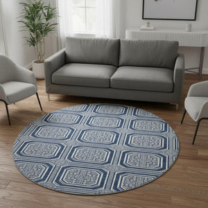 HomeRoots 8' X 8' Navy Blue & Ivory Geometric Round Rug - Washable, UV-Protected, Durable for Busy Homes 693813