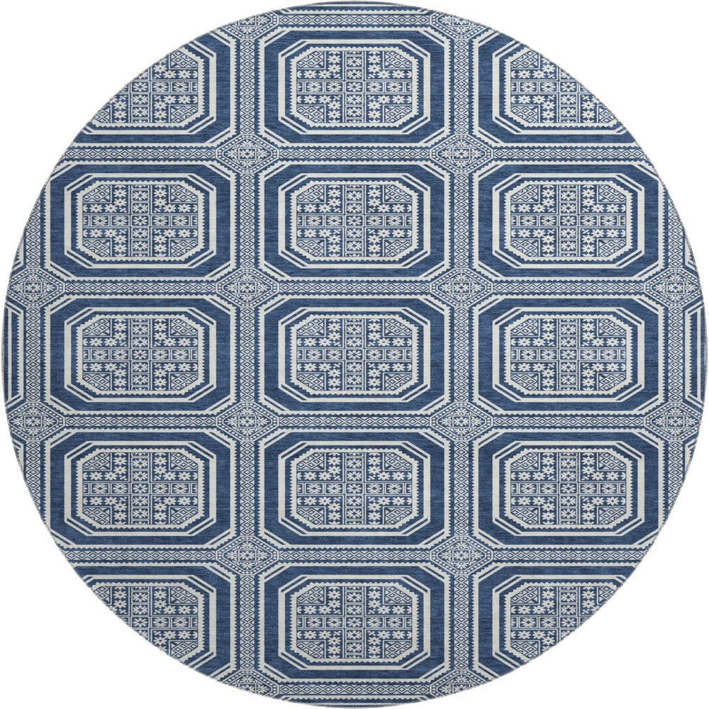 HomeRoots 8' X 8' Navy Blue & Ivory Geometric Round Rug - Washable, UV-Protected, Durable for Busy Homes 693813