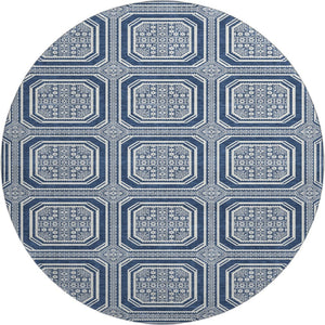 HomeRoots 8' X 8' Navy Blue & Ivory Geometric Round Rug - Washable, UV-Protected, Durable for Busy Homes 693813