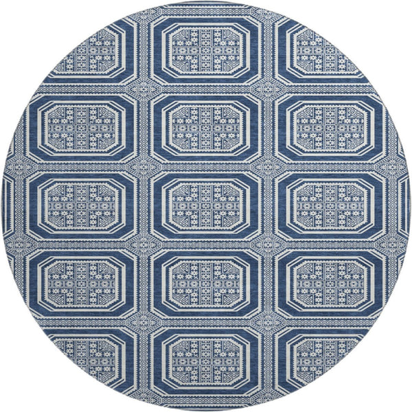 HomeRoots 8' X 8' Navy Blue & Ivory Geometric Round Rug - Washable, UV-Protected, Durable for Busy Homes 693813