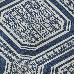 HomeRoots 8' X 8' Navy Blue & Ivory Geometric Round Rug - Washable, UV-Protected, Durable for Busy Homes 693813