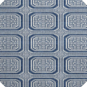HomeRoots 8' X 8' Navy Blue & Ivory Geometric Round Rug - Washable, UV-Protected, Durable for Busy Homes 693813