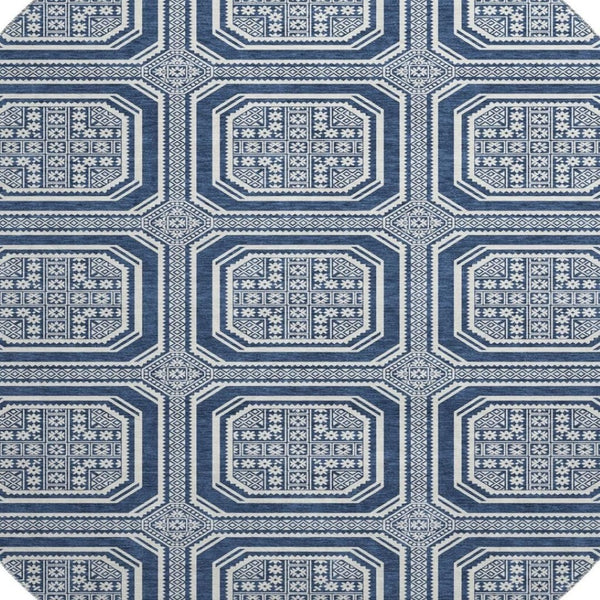 HomeRoots 8' X 8' Navy Blue & Ivory Geometric Round Rug - Washable, UV-Protected, Durable for Busy Homes 693813