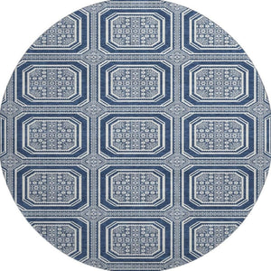 HomeRoots 8' X 8' Navy Blue & Ivory Geometric Round Rug - Washable, UV-Protected, Durable for Busy Homes 693813