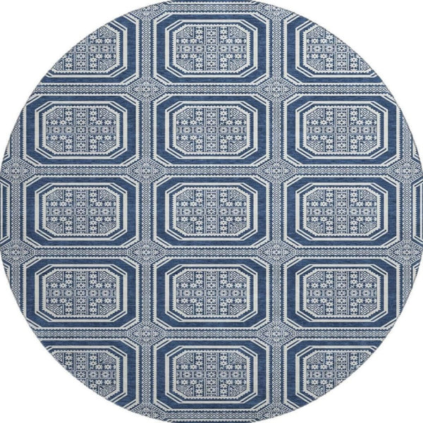 HomeRoots 8' X 8' Navy Blue & Ivory Geometric Round Rug - Washable, UV-Protected, Durable for Busy Homes 693813