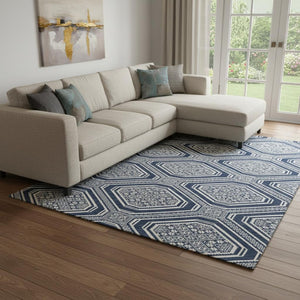 HomeRoots 8' Navy Blue Geometric Washable Area Rug with UV Protection - Durable, Stain-Resistant & Stylish Decor 693814