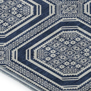 HomeRoots 8' Navy Blue Geometric Washable Area Rug with UV Protection - Durable, Stain-Resistant & Stylish Decor 693814