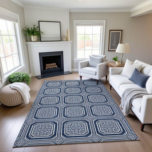 HomeRoots 9' X 12' Navy Blue Geometric Area Rug – Washable, UV Protected, Durable, Ideal for Families & Pets 693815