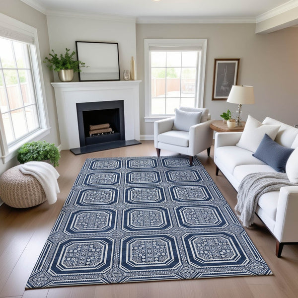 HomeRoots 9' X 12' Navy Blue Geometric Area Rug – Washable, UV Protected, Durable, Ideal for Families & Pets 693815